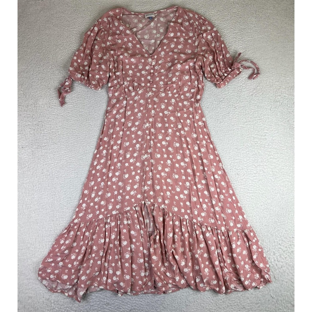 Yarn & Sea Pink Floral Fit Flare Puff Sleeve Ruffle Midi Dress Womens Small